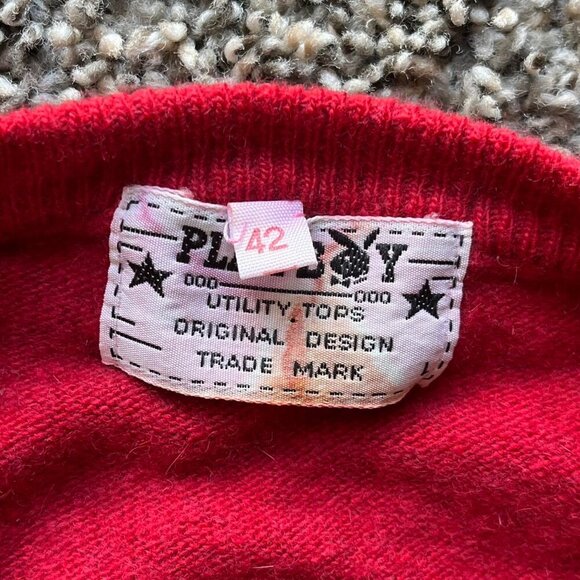 Vintage Playboy Sweater Mens 42 Red V-Neck Wool/Angola Rabbit Long Sleeve Top - Picture 2 of 8